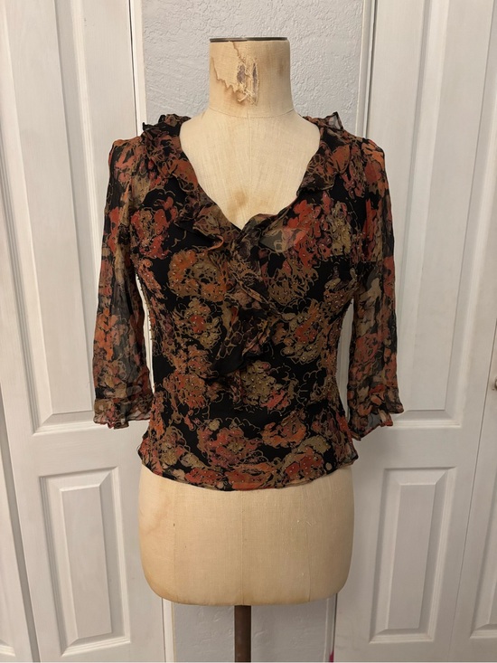Ice Tops - Vintage ICE 100% Silk Beaded Ruffled Blouse Dark Romantic Size Small